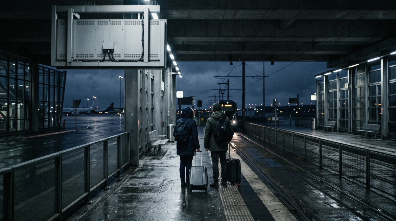 Travellers with cases waiting on a wet tram platform outside the terminal before dawn, the first departure from Edinburgh Airport to the city centre
