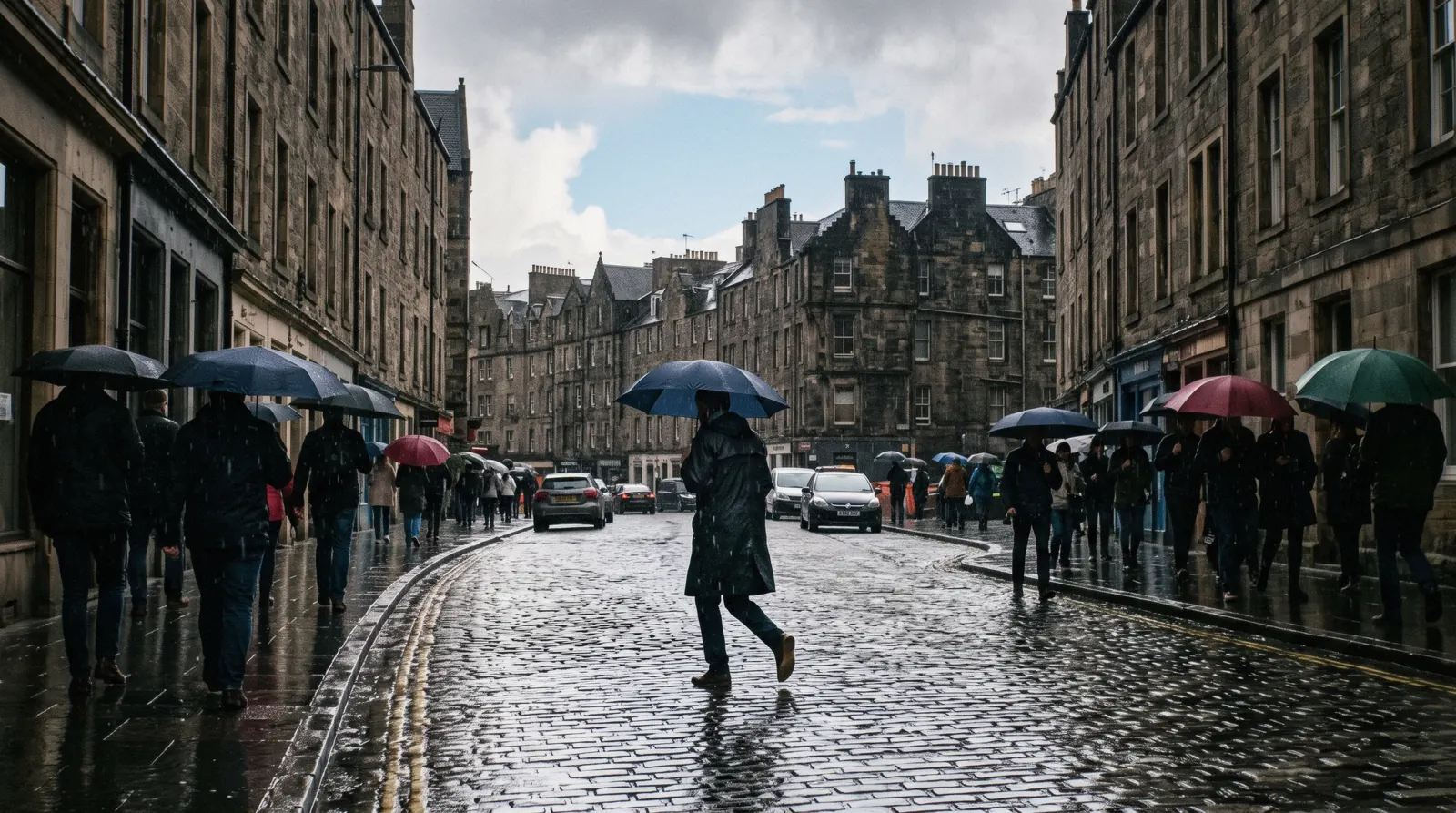 Low autumn sun across the Old Town rooftops with rain clouds moving in over the castle rock, the light that decides the best time to visit Edinburgh