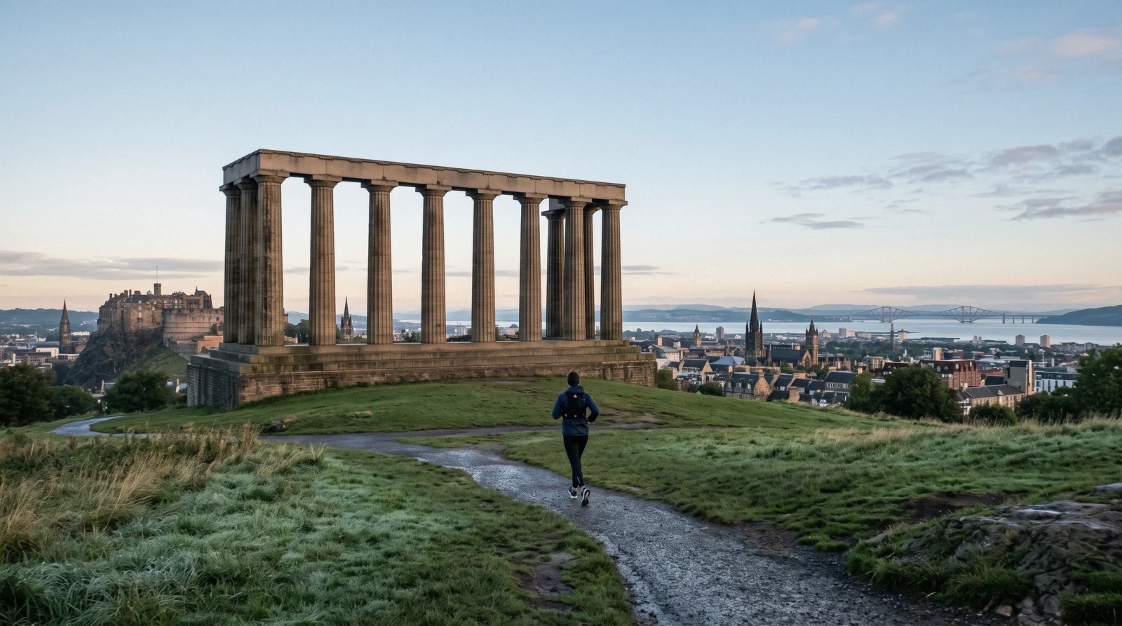 The unfinished columns of the National Monument on Calton Hill above the city at first light, one of the free things to do in Edinburgh