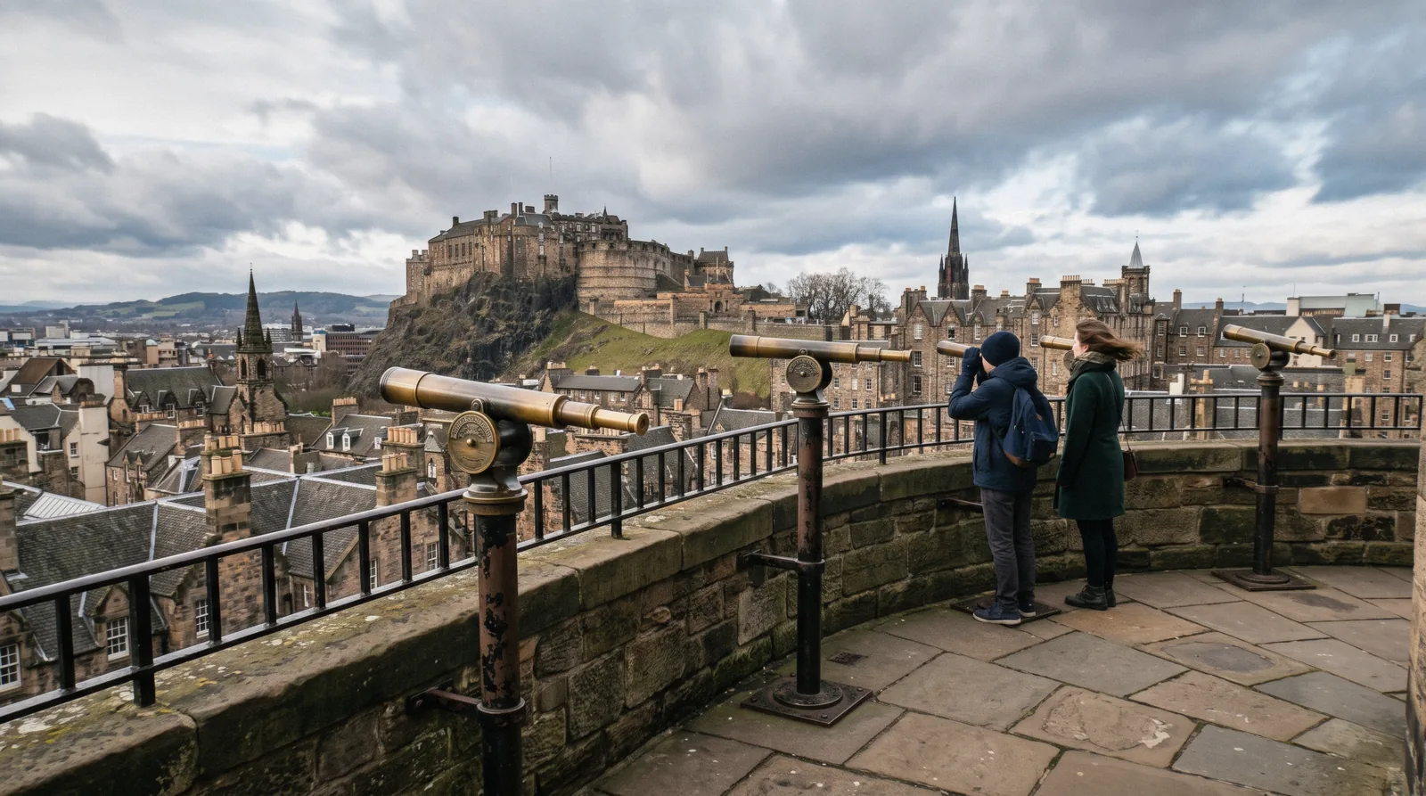 The rooftop terrace of the Camera Obscura Edinburgh tower on Castlehill, brass telescopes pointed over the Old Town roofs towards the castle crag under moving low cloud