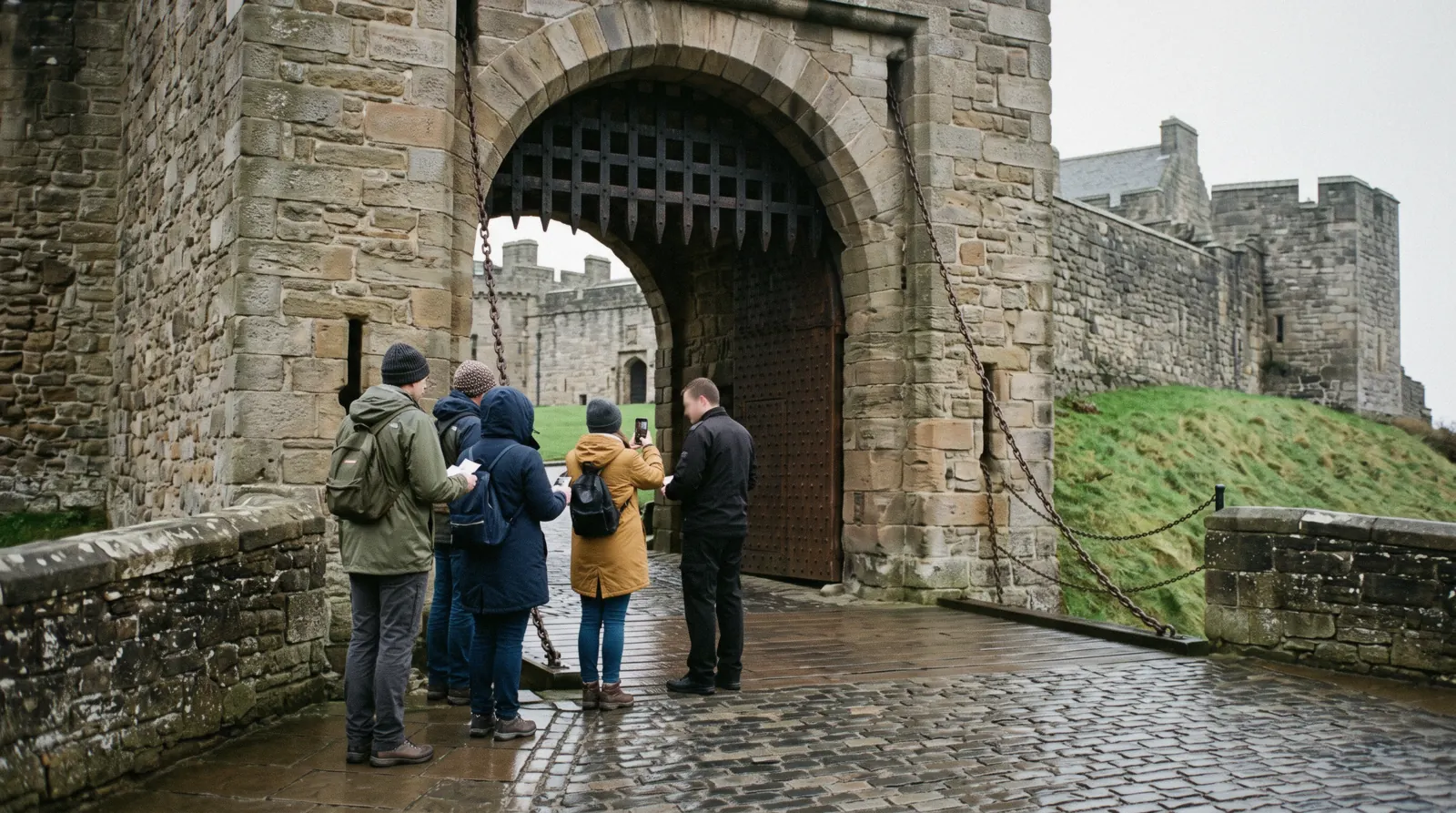 Visitors holding phones up to a steward at the gatehouse arch on a damp morning, the entry point for Edinburgh Castle tickets