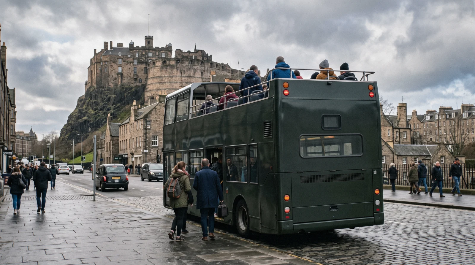 Open-top sightseeing bus waiting at Waterloo Place with the Balmoral clock behind it, the exchange point for an Edinburgh city pass