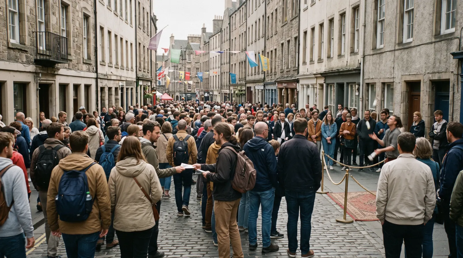Flyers and a crowd filling the High Street on a bright afternoon during the Edinburgh festivals in August