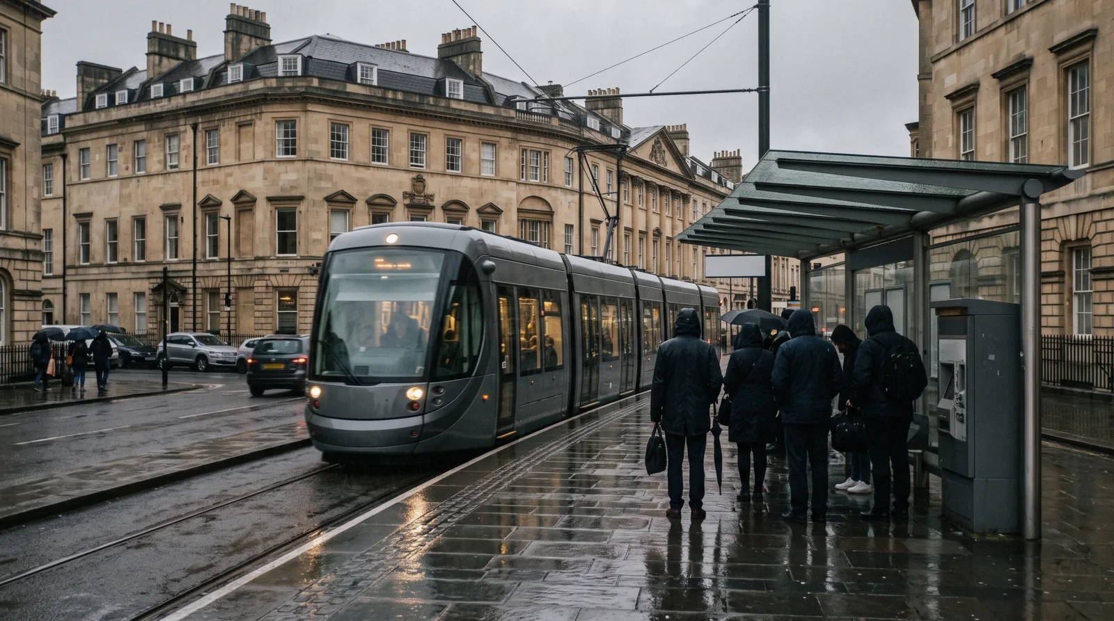 A tram pulling into a city-centre stop on a wet morning with Georgian sandstone behind it, the everyday way of getting around Edinburgh