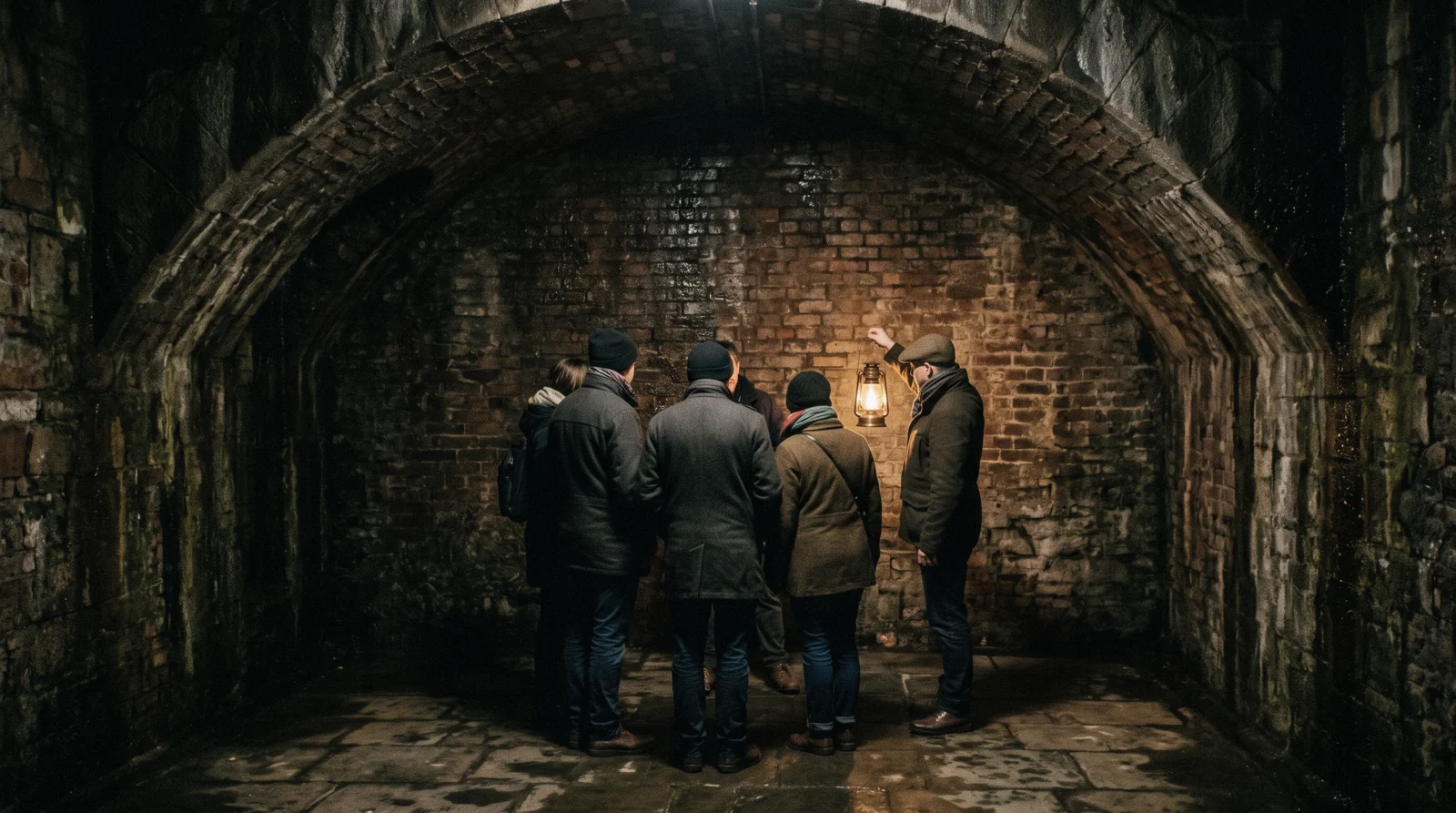 A guide with a lantern leading a small group through a brick-arched cellar on an Edinburgh ghost tour under South Bridge