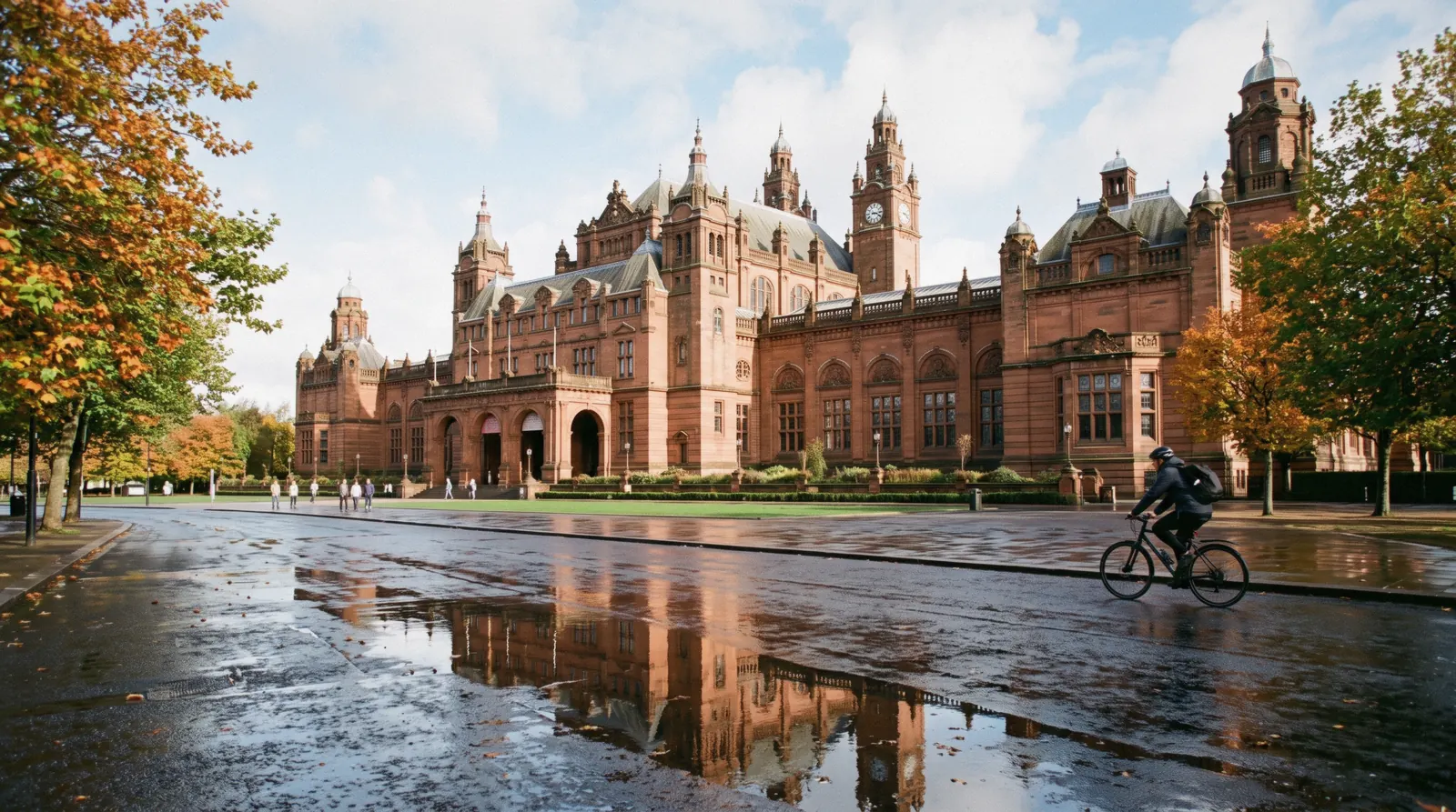 The red sandstone towers of Kelvingrove Art Gallery and Museum above the trees of Kelvingrove Park, the first stop on a Glasgow from Edinburgh museum day