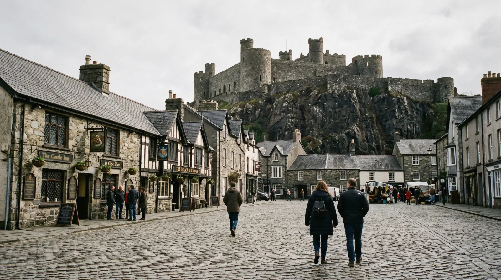 The castle rock rising directly above the pub frontages and cobbles of the Grassmarket Edinburgh in low evening light