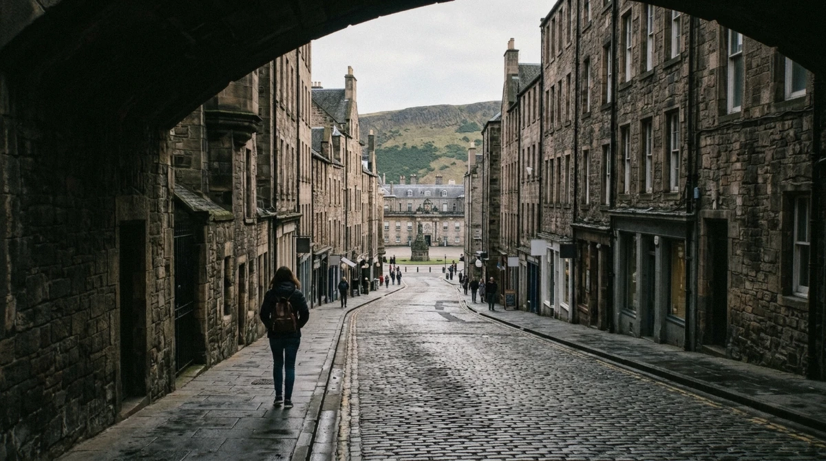 Edinburgh Castle on its volcanic rock above the city with the Royal Mile falling away east towards Holyrood, the walk at the centre of the Edinburgh Castle vs Holyrood decision, Scotland