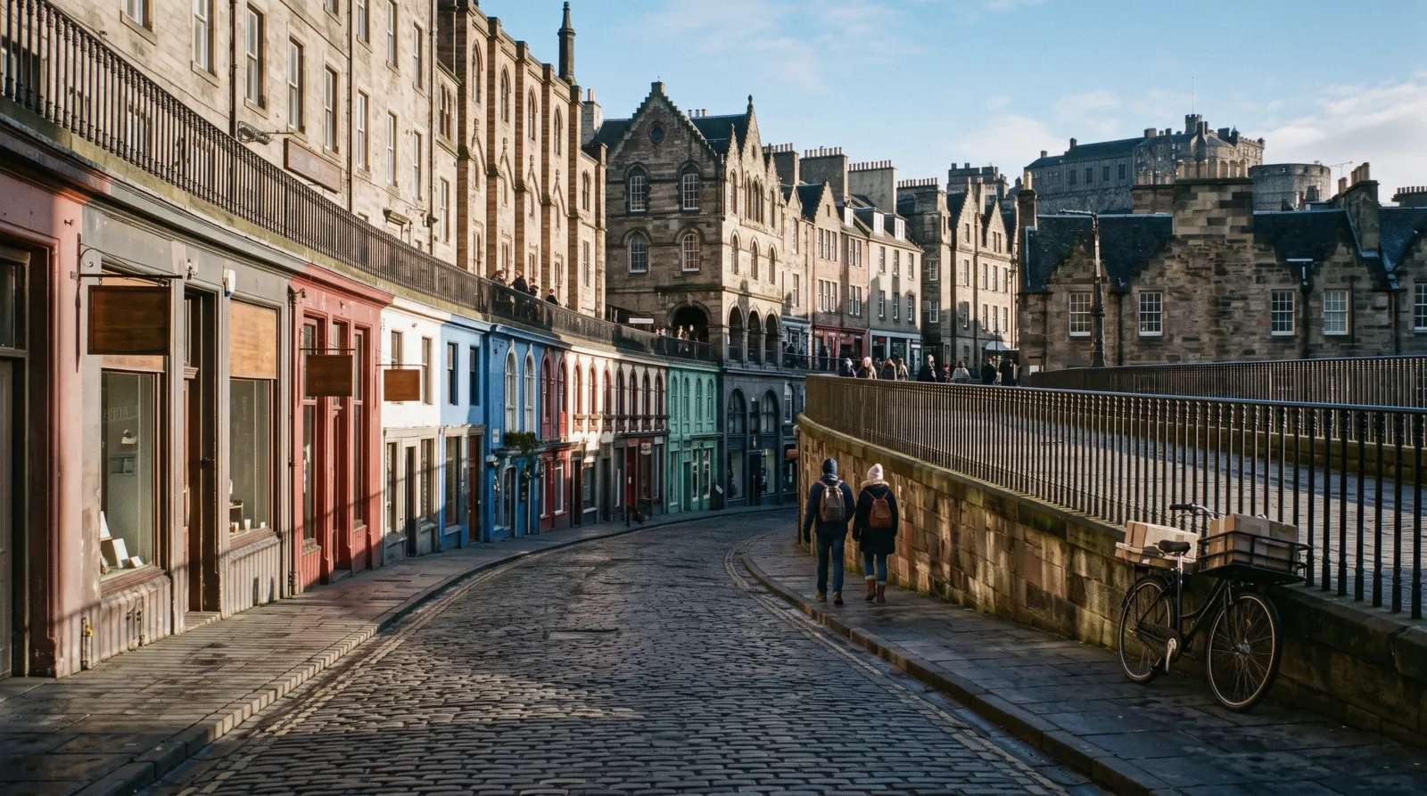 Rain-slicked setts, tall gothic tenements and lit shopfronts on the curve of West Bow, the street most often linked to Harry Potter in Edinburgh