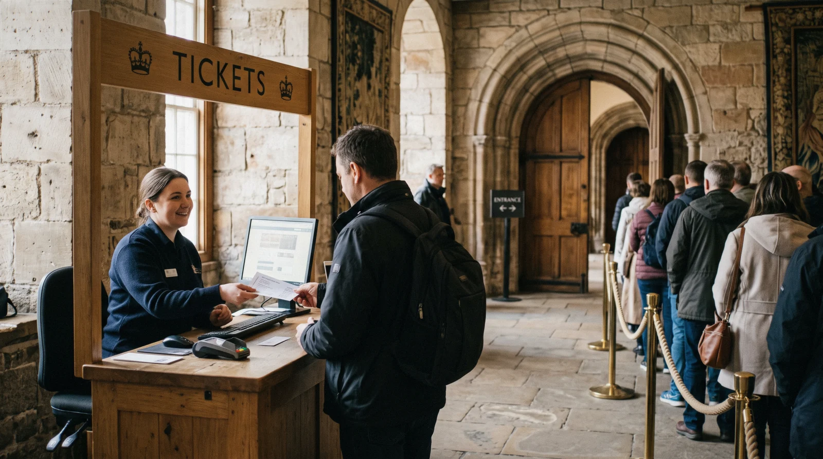 Visitors waiting at the admission centre on the forecourt with the west front behind them, the entry point for Holyrood Palace tickets in Edinburgh