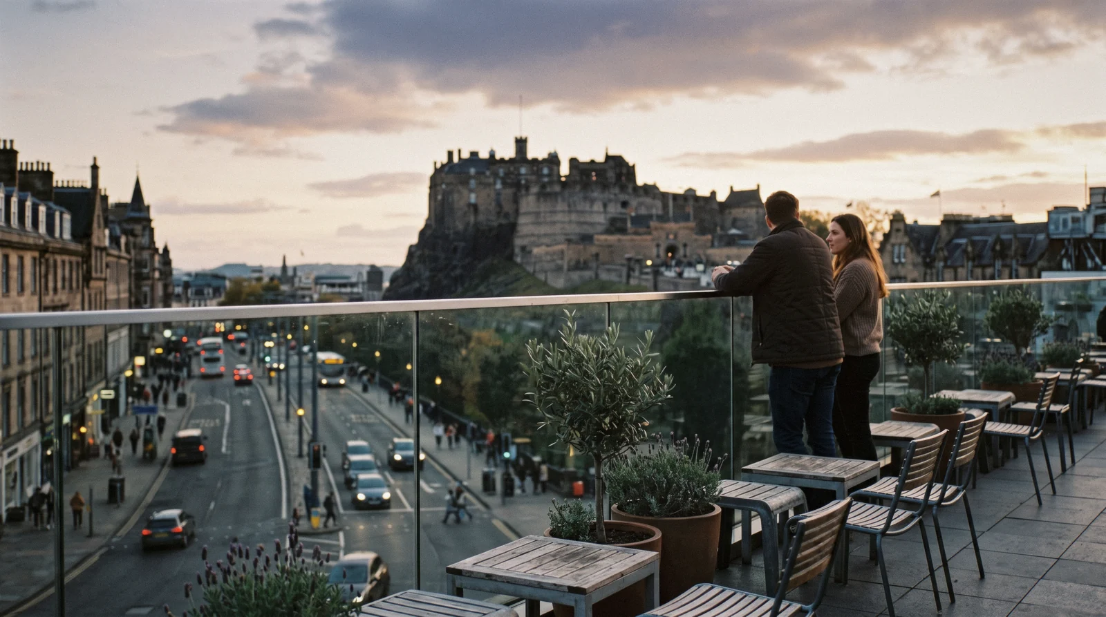 The eight-storey Johnnie Walker Princes Street brand home at 145 Princes Street, Edinburgh, with Edinburgh Castle on its rock behind the West End rooftops