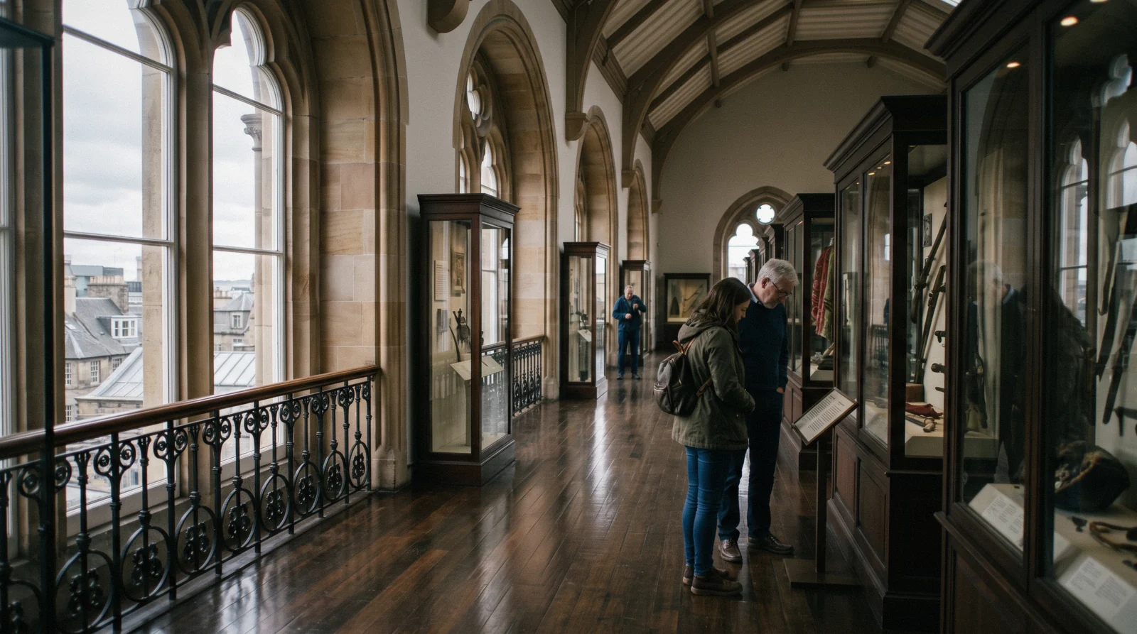 Daylight through tall windows on a quiet upper gallery of display cases, one of the free national collections among Edinburgh museums