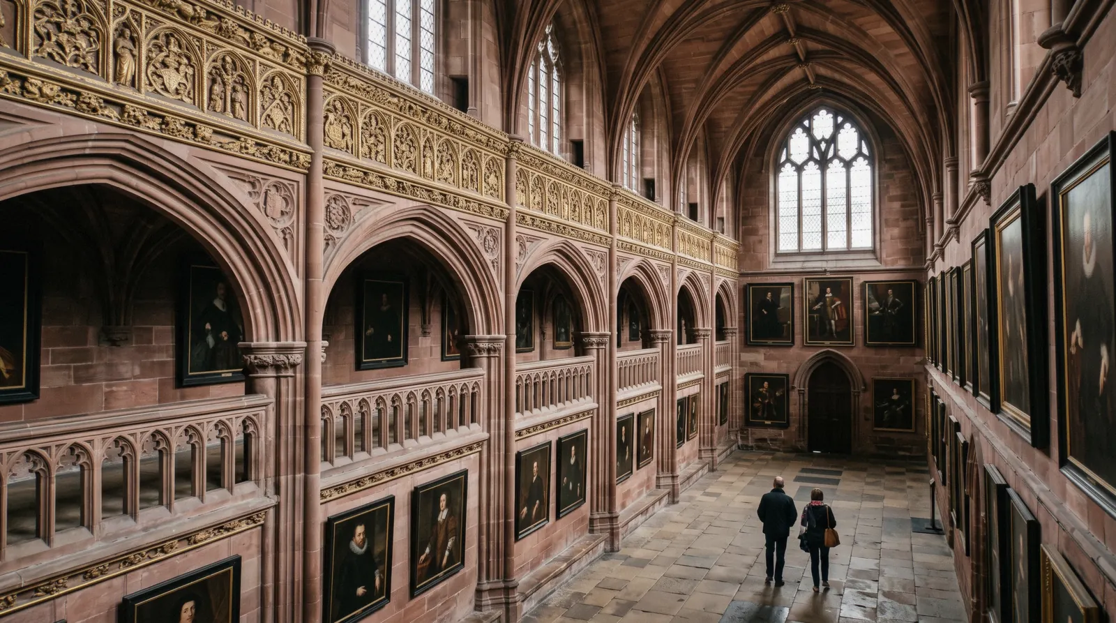 The arcaded red sandstone Great Hall of the Scottish National Portrait Gallery on Queen Street in Edinburgh, its gilded processional frieze running above the pointed arches and portraits hung in dark frames below