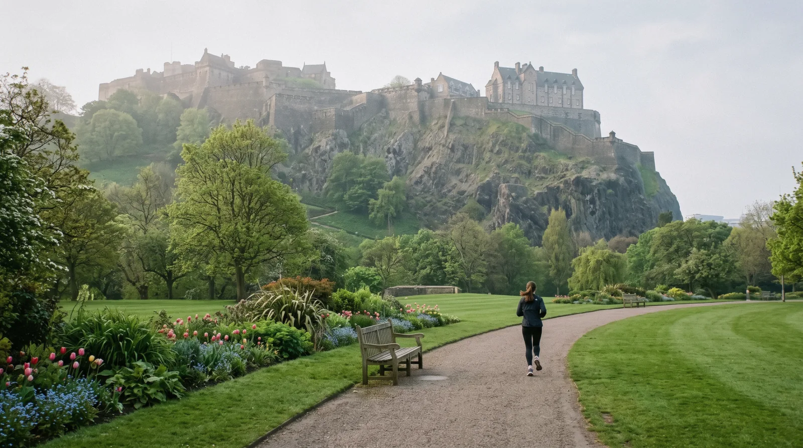 Edinburgh Castle on its rock above the lawns, trees and path network of West Princes Street Gardens on a clear afternoon, seen from the gardens below Princes Street
