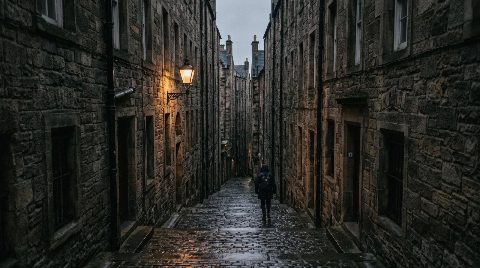 A lantern-lit stone passage between tenement walls under the City Chambers on the Real Mary King's Close tour in Edinburgh