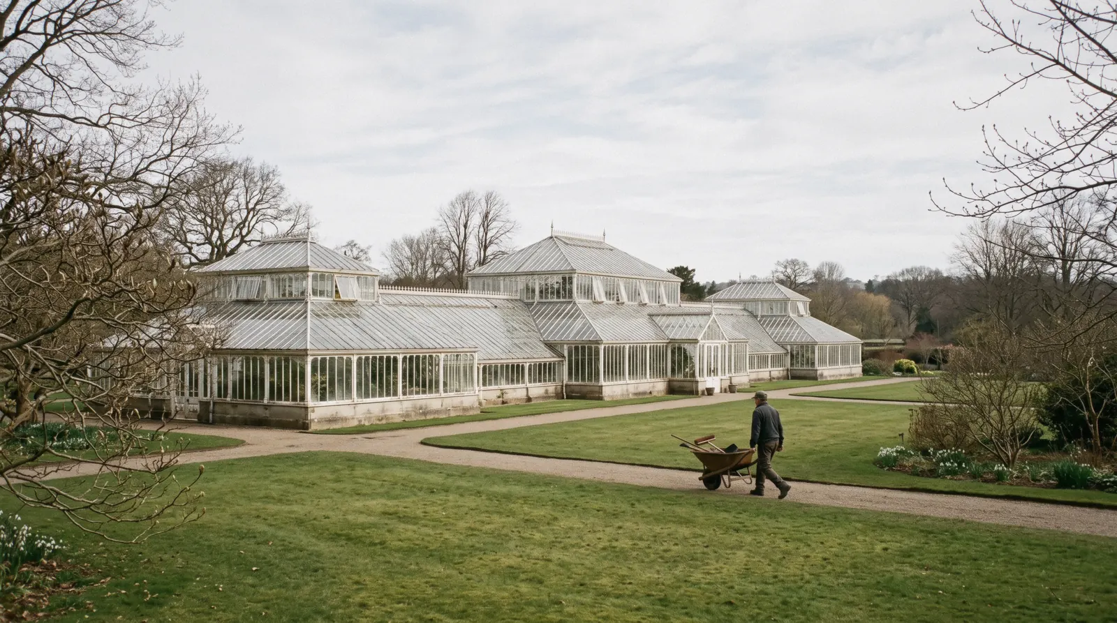 The restored iron-and-glass Palm Houses rising above lawns and specimen trees at the Royal Botanic Garden Edinburgh, with the city skyline on the horizon