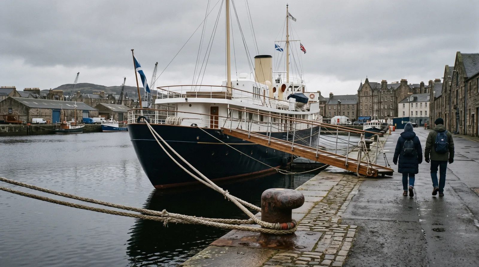 The dark blue hull and white superstructure of the Royal Yacht Britannia berthed at Ocean Terminal in Leith, with the gangway and the Edinburgh skyline behind