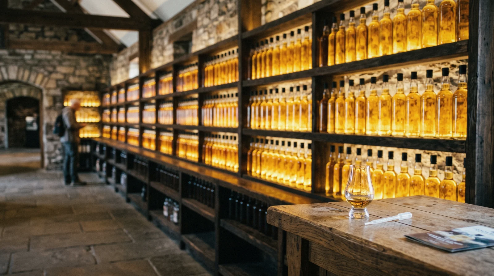 The lit glass vault holding thousands of bottles of the Diageo Claive Vidiz collection at the Scotch Whisky Experience on Castlehill, Edinburgh