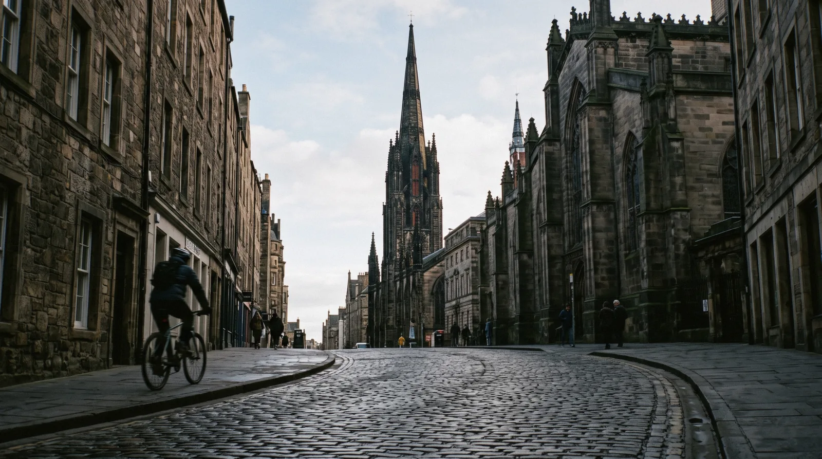 The late-medieval crown steeple of St Giles' Cathedral above the High Street rooftops in Edinburgh's Old Town, seen in low afternoon light