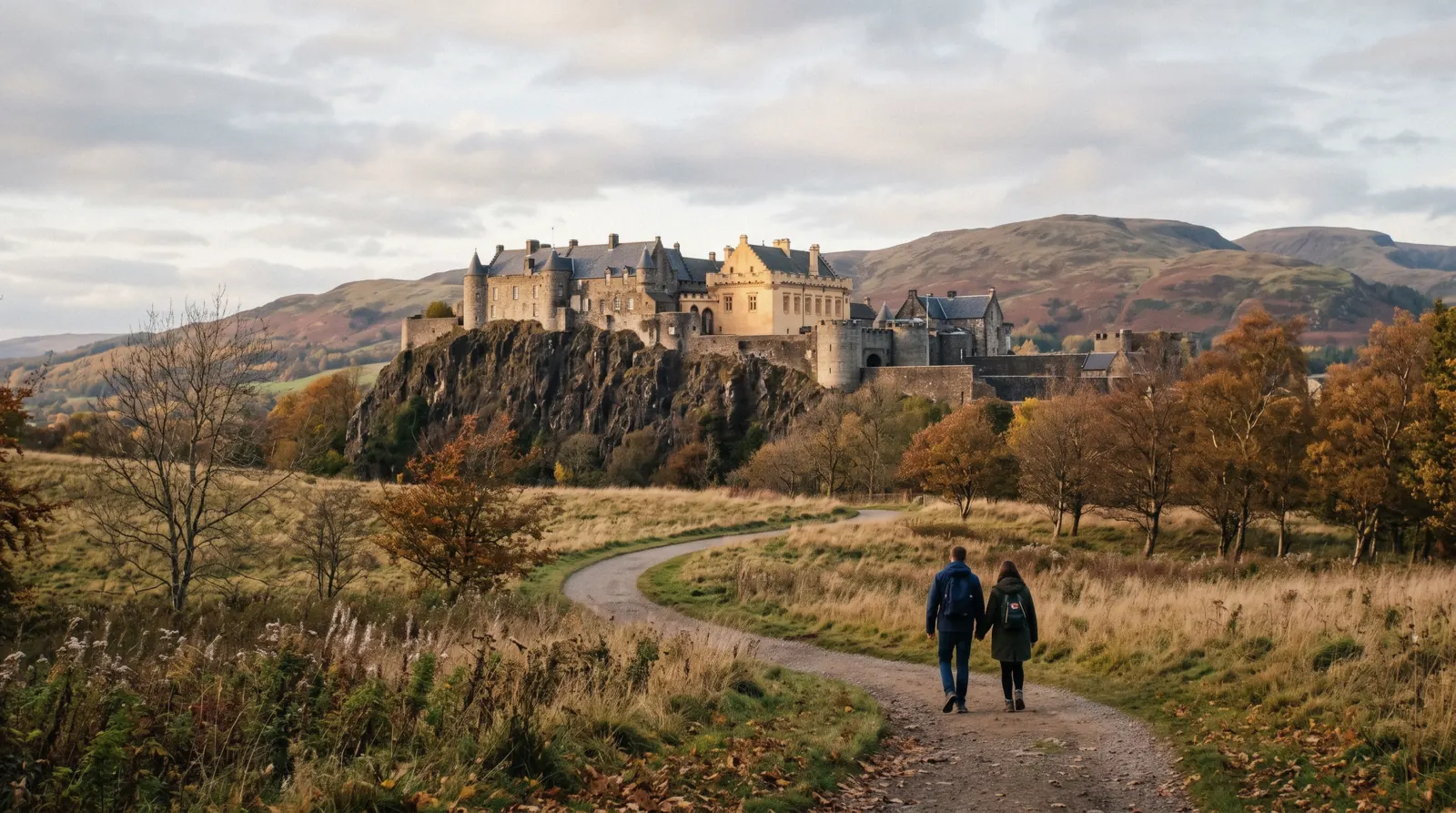 The forework and royal palace of Stirling Castle on its crag above the Forth valley, the view that draws day trippers to Stirling Castle from Edinburgh