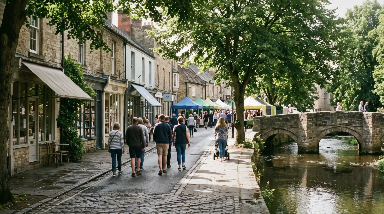 Georgian tenements and independent shopfronts along the Water of Leith in Stockbridge, Edinburgh, with the stone bridge in the foreground