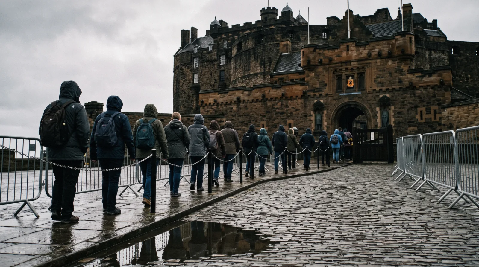 Visitors reading a printed price board outside a Royal Mile ticket desk on a grey morning, buying Edinburgh attraction tickets