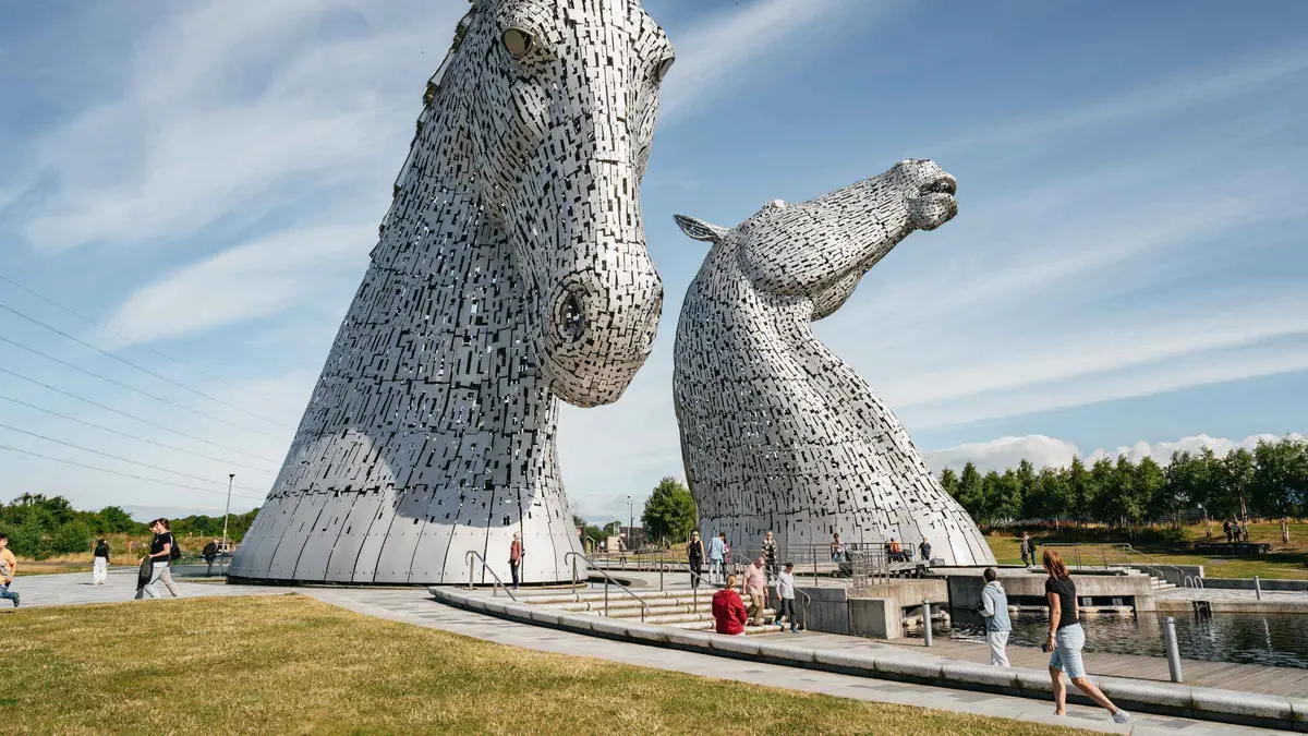 The Kelpies horse-head sculptures photographed on a Loch Lomond and Stirling Castle day tour from Edinburgh