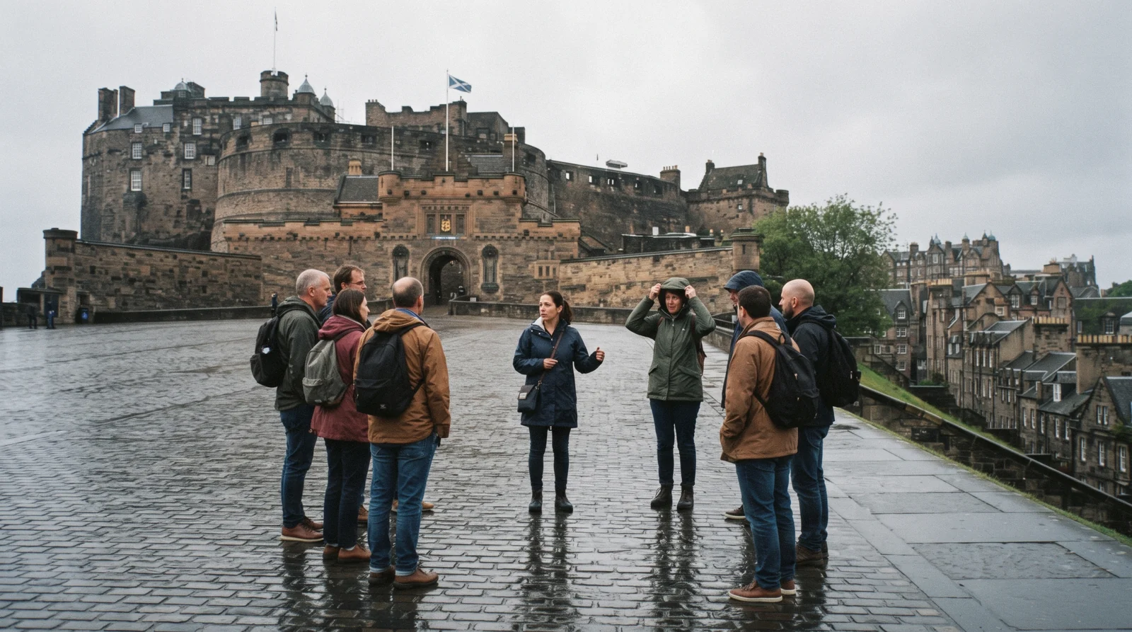A guide briefing a small group on the wet Castle Esplanade before one of the Edinburgh tours compared on this page