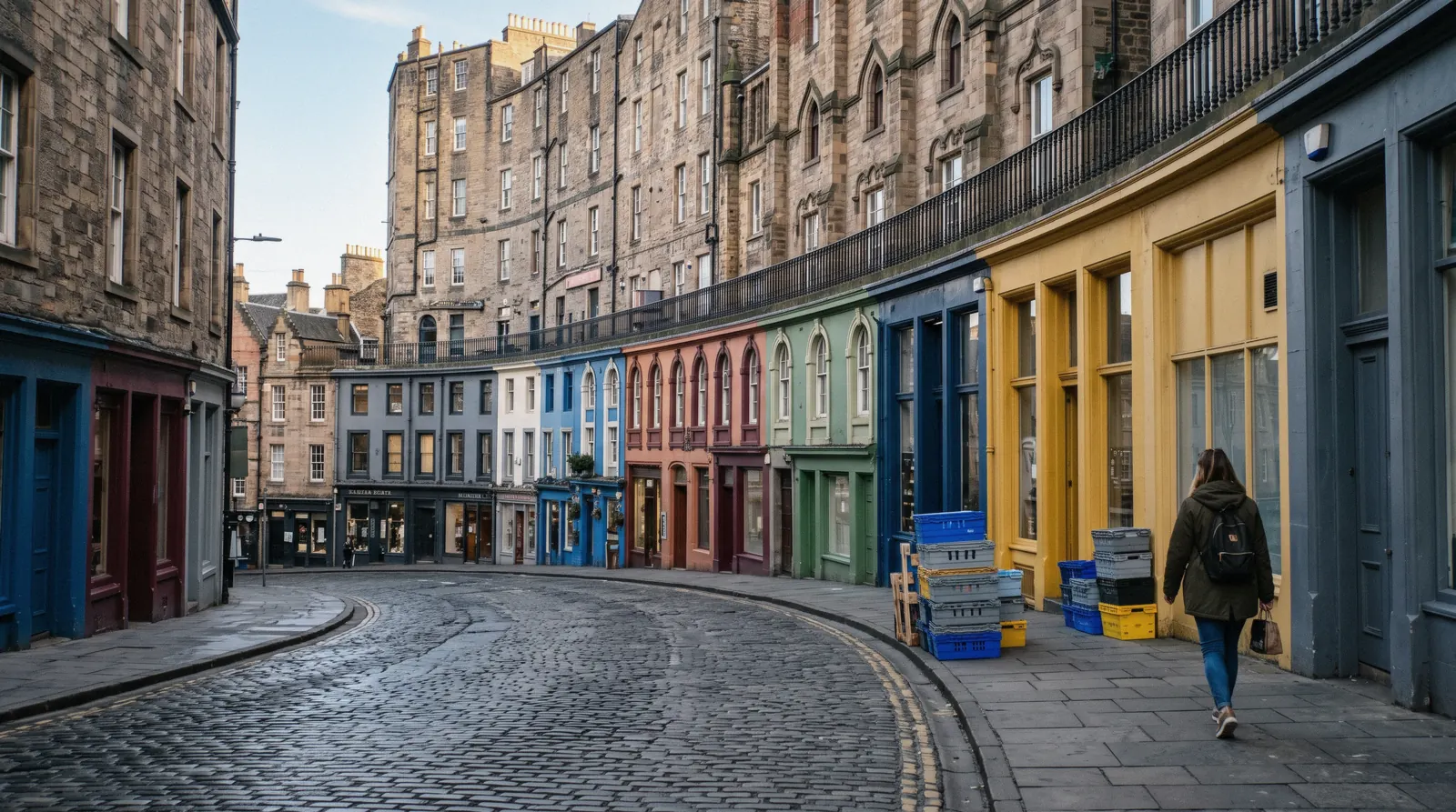 The curved row of painted shopfronts on Victoria Street Edinburgh at half past eight in the morning, with the stone arcade of Victoria Terrace running above them and the street bending uphill out of frame