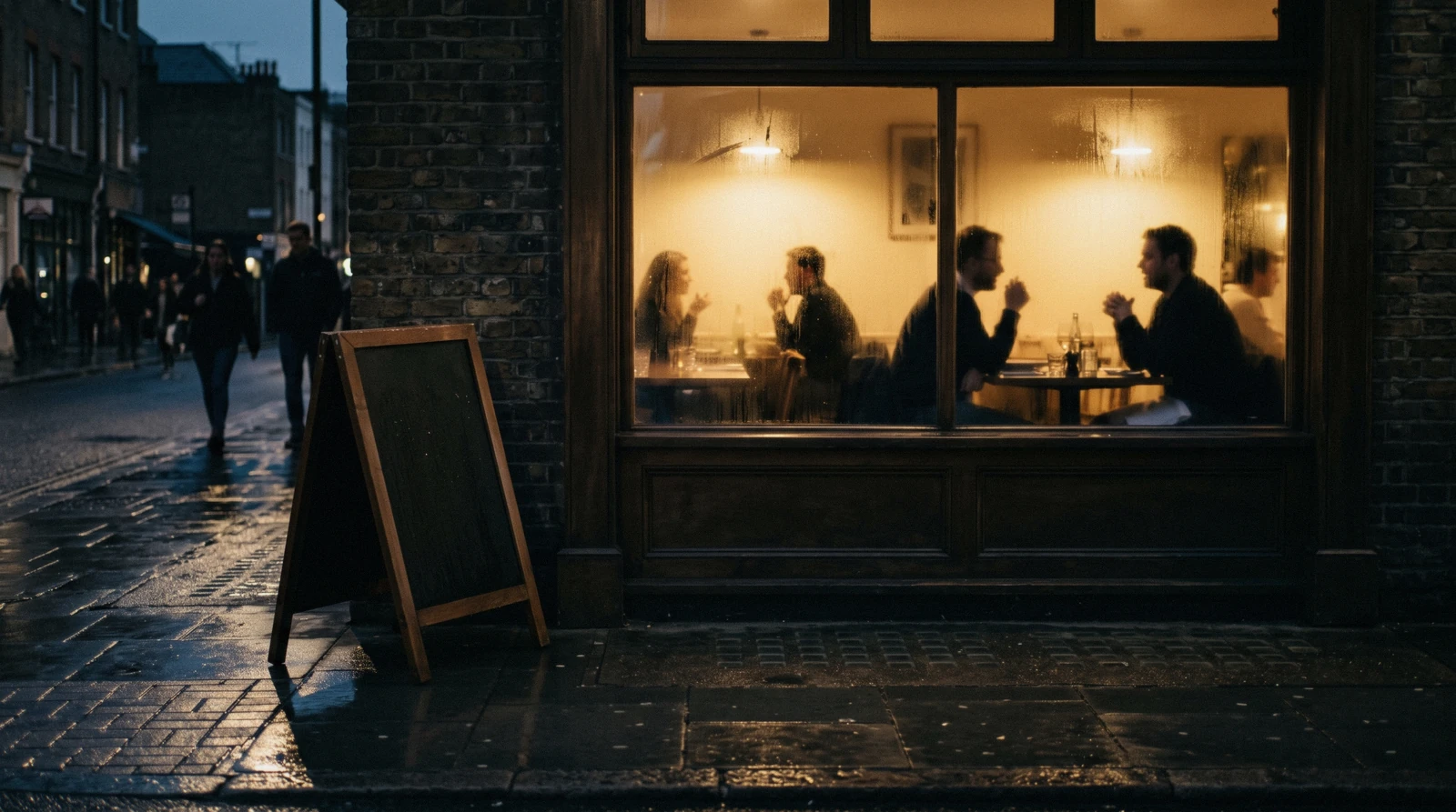 Warm light in a small neighbourhood restaurant window on a wet evening street, the everyday version of where to eat in Edinburgh away from the Royal Mile